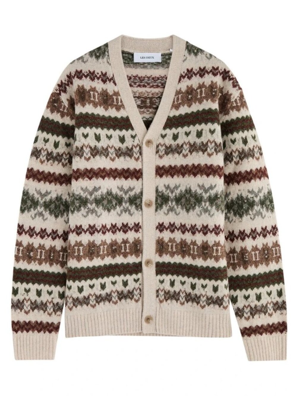 Les Deux Mens Medium Hordur Fair Isle 100% Wool Cardigan Sweater NEW
